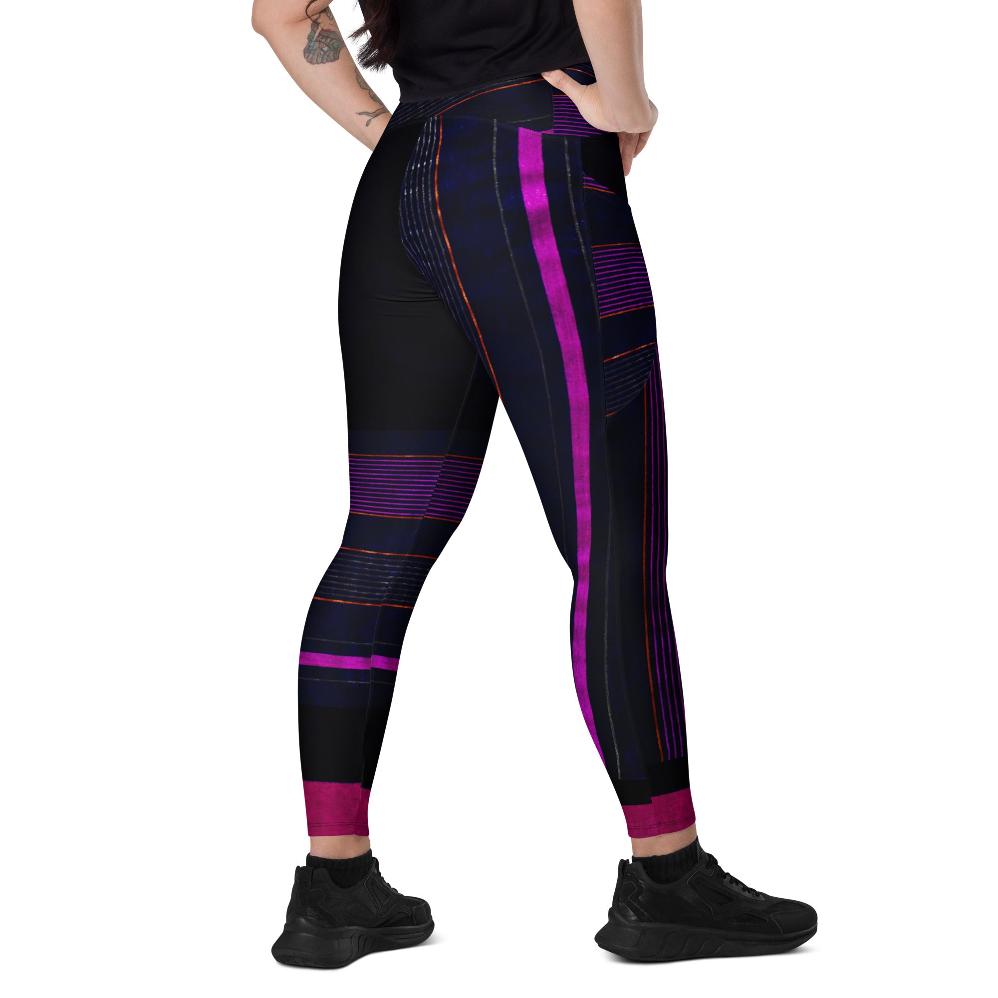 Black Gym Leggings with Pockets. Purple Pin Stripes Dance Leggings. Crossover Waist Yoga Pants. "Peppermint" by WickedYo.